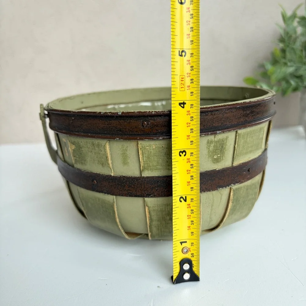 Vintage Style Sage Green Wooden Slat Bushel Basket with Handle and Liner 7.5in